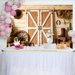 Lofaris Rustic Wood Barn Door Western Photography Backdrop with Cowboy Hats and Boots, Country Farmhouse Studio Background for Photoshoot