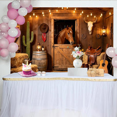 Lofaris Rustic Wooden Barn Western Photography Backdrop with Horse and Hay Bales, Cowboy Theme Background for Studio Photoshoot and Party Decor