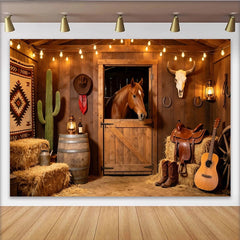Lofaris Rustic Wooden Barn Western Photography Backdrop with Horse and Hay Bales, Cowboy Theme Background for Studio Photoshoot and Party Decor