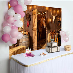 Lofaris Rustic Western Barn Photography Backdrop with Horse and Hay Bales, Cowboy Theme Studio Background for Photoshoot