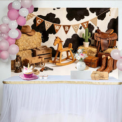 Lofaris Western Cowboy Birthday Backdrop with Cowhide Print and Hay Bales, Kids Party Photography Background Decor