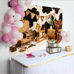 Lofaris Western Cowboy Birthday Backdrop with Cowhide Print and Hay Bales, Kids Party Photography Background Decor