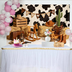 Lofaris Rustic Cowboy Birthday Backdrop with Cow Print and Hay Bales, Western Themed Photography Background for Party Decor