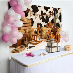 Lofaris Rustic Cowboy Birthday Backdrop with Cow Print and Hay Bales, Western Themed Photography Background for Party Decor