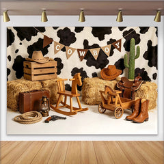 Lofaris Rustic Cowboy Birthday Backdrop with Cow Print and Hay Bales, Western Themed Photography Background for Party Decor