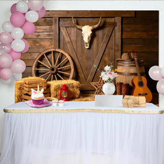 Lofaris Rustic Western Photography Backdrop with Wooden Barn Door and Bull Skull, Cowboy Theme Studio Background for Photoshoots