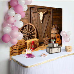 Lofaris Rustic Western Photography Backdrop with Wooden Barn Door and Bull Skull, Cowboy Theme Studio Background for Photoshoots