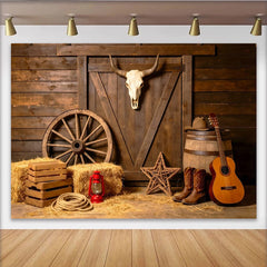 Lofaris Rustic Western Photography Backdrop with Wooden Barn Door and Bull Skull, Cowboy Theme Studio Background for Photoshoots