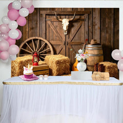 Lofaris Rustic Western Photography Backdrop with Barn Door and Skull, Hay Bales, Guitar and Cowboy Boots Studio Background