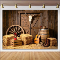 Lofaris Rustic Western Photography Backdrop with Barn Door and Skull, Hay Bales, Guitar and Cowboy Boots Studio Background