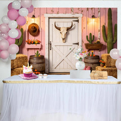Lofaris Pink Western Cactus Photography Backdrop with Barn Door and Hay Bales, Rustic Farmhouse Background for Studio Photoshoot