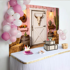 Lofaris Pink Western Cactus Photography Backdrop with Barn Door and Hay Bales, Rustic Farmhouse Background for Studio Photoshoot
