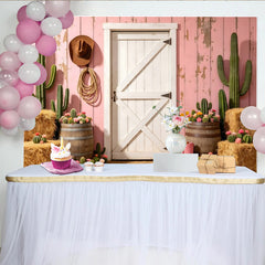 Lofaris Pink Western Photography Backdrop, Rustic Barn Door and Cacti Scene Photo Booth Prop for Studio Photoshoot