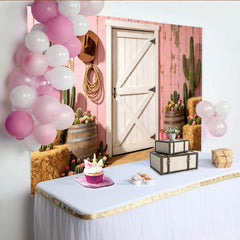 Lofaris Pink Western Photography Backdrop, Rustic Barn Door and Cacti Scene Photo Booth Prop for Studio Photoshoot