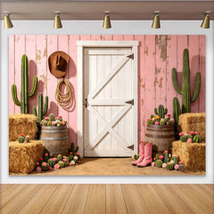 Lofaris Pink Western Photography Backdrop, Rustic Barn Door and Cacti Scene Photo Booth Prop for Studio Photoshoot