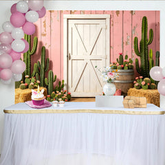 Lofaris Pink Rustic Western Photography Backdrop with Cacti and White Barn Door, Desert Themed Studio Background for Photoshoot