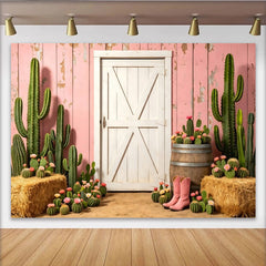 Lofaris Pink Rustic Western Photography Backdrop with Cacti and White Barn Door, Desert Themed Studio Background for Photoshoot