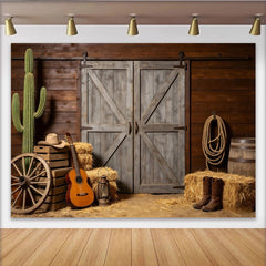 Lofaris Rustic Western Photography Backdrop with Barn Door and Cactus, Farmhouse Wood Wall Background for Cowboy Themed Photoshoot