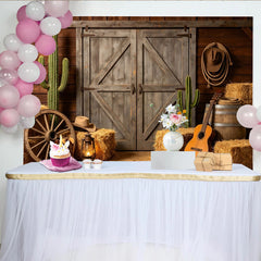 Lofaris Rustic Western Photography Backdrop with Wooden Barn Doors, Hay Bales and Cacti, Country Farm Studio Background for Photoshoot