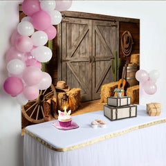 Lofaris Rustic Western Photography Backdrop with Wooden Barn Doors, Hay Bales and Cacti, Country Farm Studio Background for Photoshoot