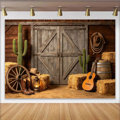 Lofaris Rustic Western Photography Backdrop with Wooden Barn Doors, Hay Bales and Cacti, Country Farm Studio Background for Photoshoot