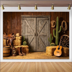 Lofaris Rustic Western Barn Photography Backdrop, Hay Bales and Cacti Country Farm Photo Background for Studio Portrait and Event Decor