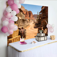 Lofaris Rustic Western Town Photography Backdrop with Saloon and Desert Mountains, Vintage Cowboy Photo Background for Studio