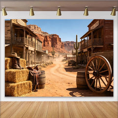 Lofaris Rustic Western Town Photography Backdrop with Saloon and Desert Mountains, Vintage Cowboy Photo Background for Studio