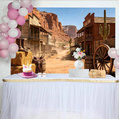 Lofaris Old Western Town Photography Backdrop with Saloon and Desert Mountains, Rustic Cowboy Theme Background for Studio and Event Decor