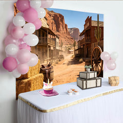 Lofaris Old Western Town Photography Backdrop with Saloon and Desert Mountains, Rustic Cowboy Theme Background for Studio and Event Decor