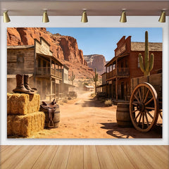 Lofaris Old Western Town Photography Backdrop with Saloon and Desert Mountains, Rustic Cowboy Theme Background for Studio and Event Decor