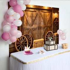 Lofaris Rustic Barn Photography Backdrop with Wagon Wheels and Hay Bales, Warm Wooden Background for Studio Photoshoot