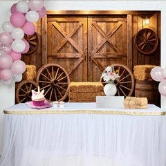 Lofaris Rustic Wooden Barn Door Photography Backdrop with Wagon Wheels, Farmhouse Studio Background for Western Portrait
