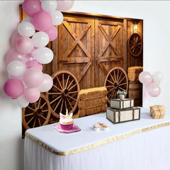 Lofaris Rustic Wooden Barn Door Photography Backdrop with Wagon Wheels, Farmhouse Studio Background for Western Portrait