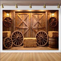 Lofaris Rustic Wooden Barn Door Photography Backdrop with Wagon Wheels, Farmhouse Studio Background for Western Portrait