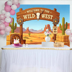 Lofaris Cartoon Wild West Photography Backdrop with Desert Cacti and Cowboy Elements, Rustic Photo Background for Party Decor and Photoshoot