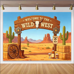 Lofaris Cartoon Wild West Photography Backdrop with Desert Cacti and Cowboy Elements, Rustic Photo Background for Party Decor and Photoshoot