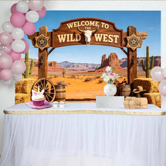 Lofaris Wild West Photography Backdrop with Wooden Arch, Desert Landscape and Cowboy Props, Rustic Studio Background for Party Decor