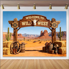 Lofaris Wild West Photography Backdrop with Wooden Arch, Desert Landscape and Cowboy Props, Rustic Studio Background for Party Decor