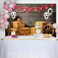 Lofaris Rustic Western Cowboy Birthday Backdrop with Red Bandana, Hay Bales and Cow Print Balloons Photo Background for Parties