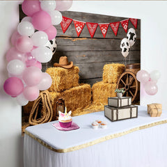 Lofaris Rustic Western Cowboy Birthday Backdrop with Red Bandana, Hay Bales and Cow Print Balloons Photo Background for Parties