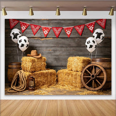 Lofaris Rustic Western Cowboy Birthday Backdrop with Red Bandana, Hay Bales and Cow Print Balloons Photo Background for Parties