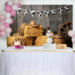 Lofaris Rustic Western Photography Backdrop with Hay Bales and Cowboy Hat, Vintage Farm Ranch Photo Booth Background for Studio Shoot