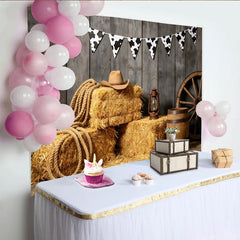 Lofaris Rustic Western Photography Backdrop with Hay Bales and Cowboy Hat, Vintage Farm Ranch Photo Booth Background for Studio Shoot