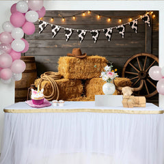 Lofaris Rustic Western Photography Backdrop with Cow Print Bunting and Hay Bales, Dark Wood Wall Background for Cowboy Party Photoshoot