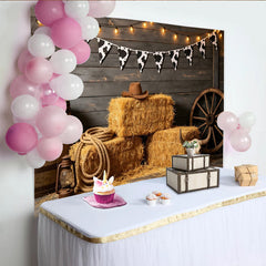 Lofaris Rustic Western Photography Backdrop with Cow Print Bunting and Hay Bales, Dark Wood Wall Background for Cowboy Party Photoshoot