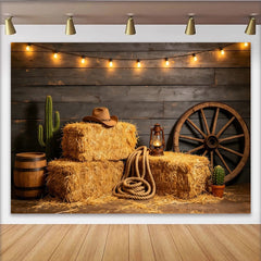 Lofaris Rustic Western Photography Backdrop with Hay Bales and Wagon Wheel, Country Theme Studio Background for Photoshoot