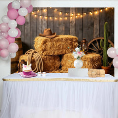 Lofaris Rustic Western Photography Backdrop with Hay Bales and String Lights, Cowboy Hat and Cactus Photo Booth Background for Studio
