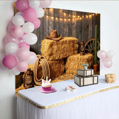 Lofaris Rustic Western Photography Backdrop with Hay Bales and String Lights, Cowboy Hat and Cactus Photo Booth Background for Studio