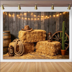 Lofaris Rustic Western Photography Backdrop with Hay Bales and String Lights, Cowboy Hat and Cactus Photo Booth Background for Studio